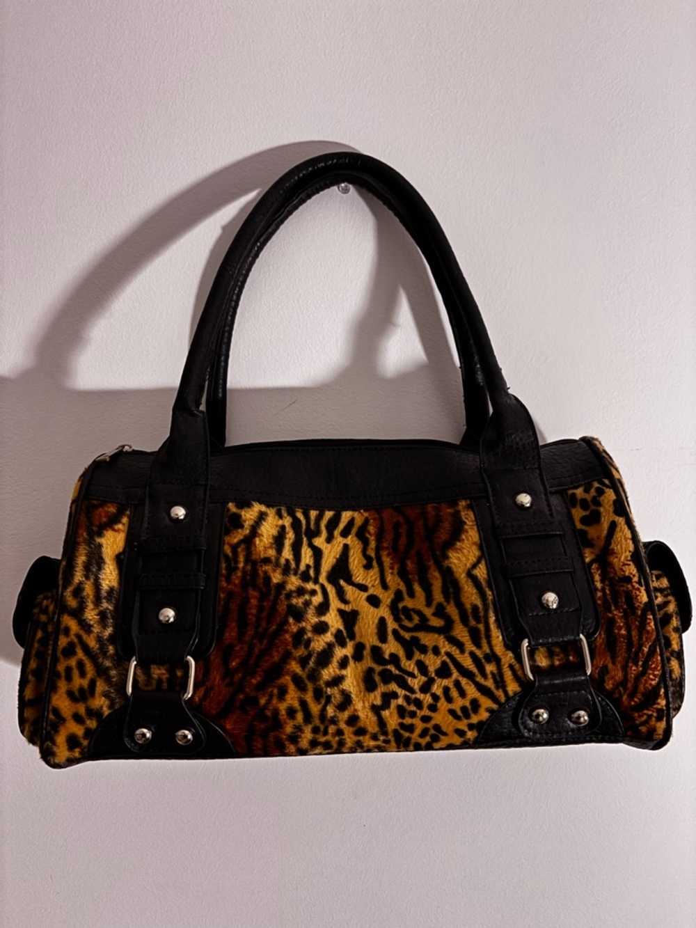 Leopard Print Barrel Handbag with Black Trim